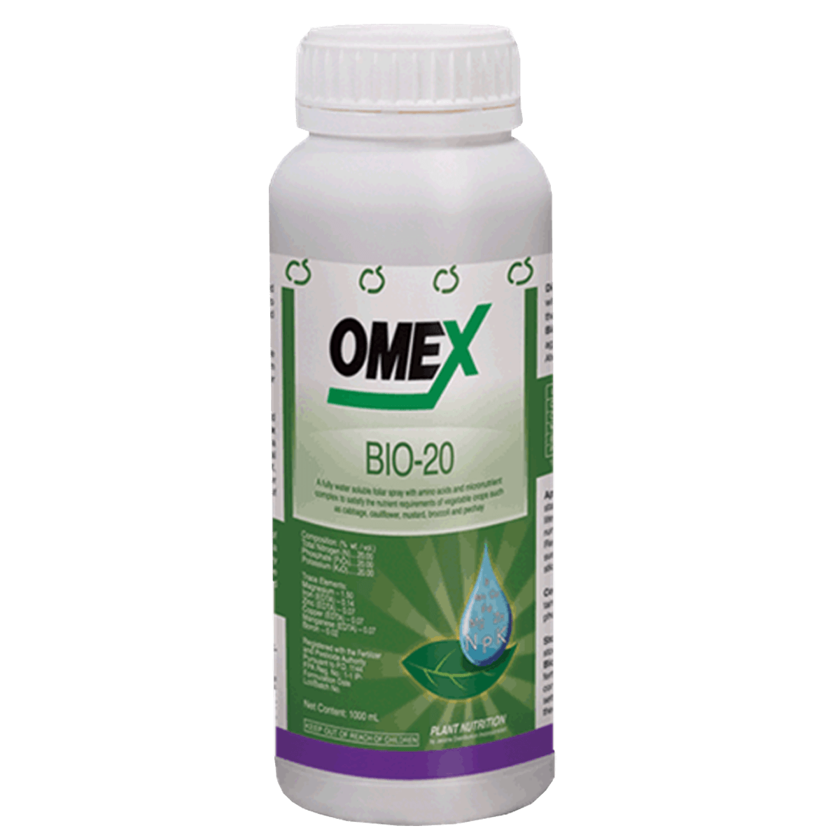 Bottle of OMEX BIO-20 plant nutrition, white bottle with green and purple label and a water drop icon.