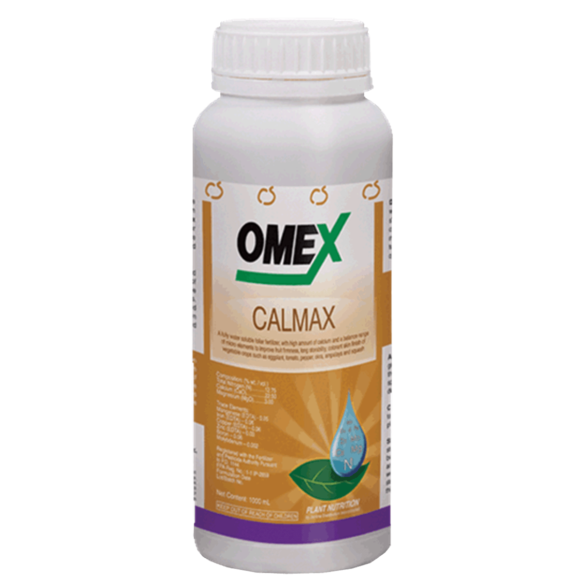 Bottle of OMEX Calmax plant supplement with label details.