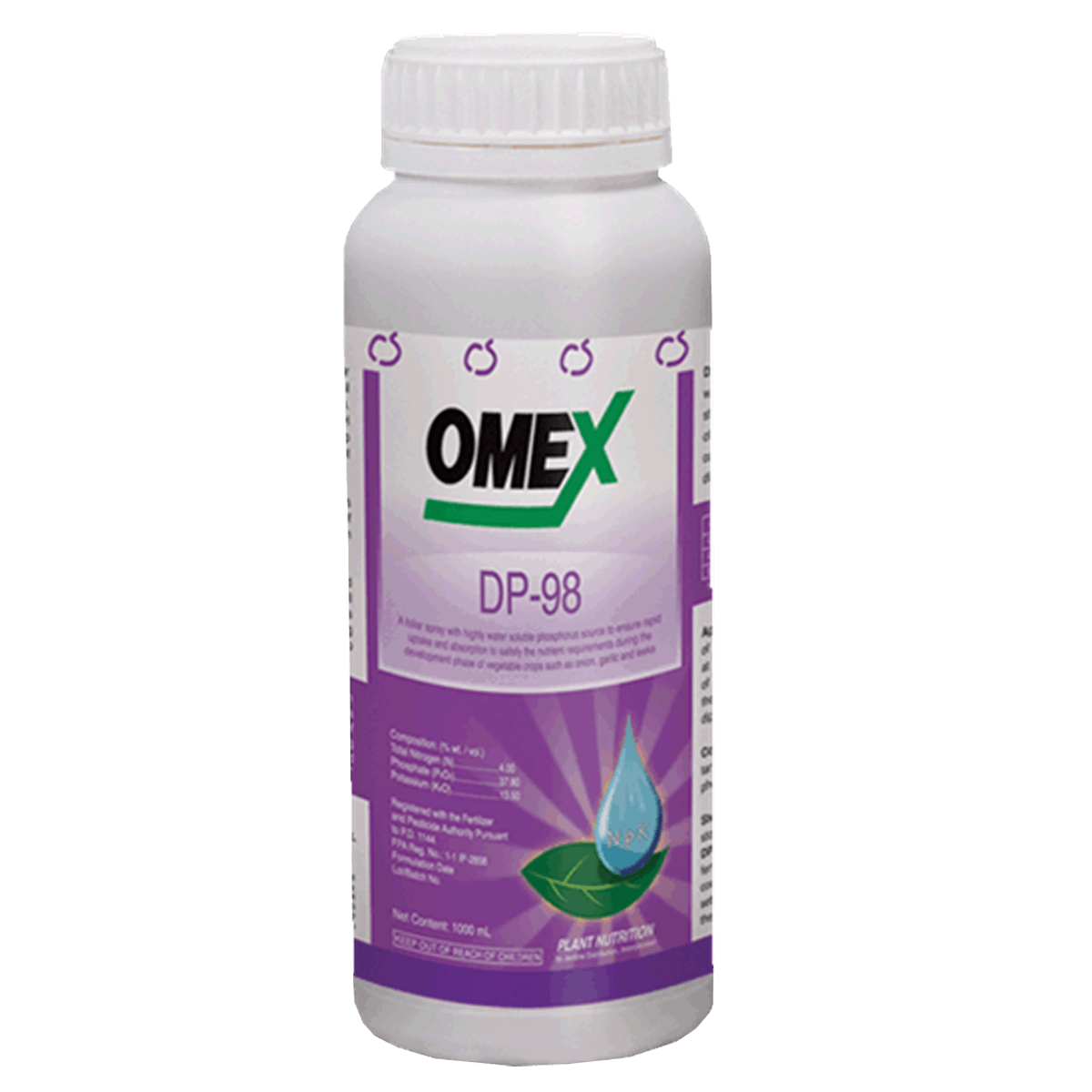White bottle of Omex DP-98 fertilizer, with purple label and green logo, against a white background.
