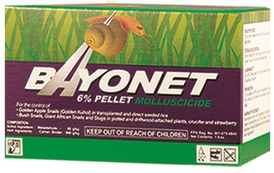 Box of Bayonet molluscicide, with snail illustration. Purple, green, and white packaging.