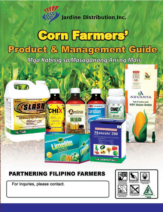 Guide for corn farmers featuring various product containers and a corn cob graphic.