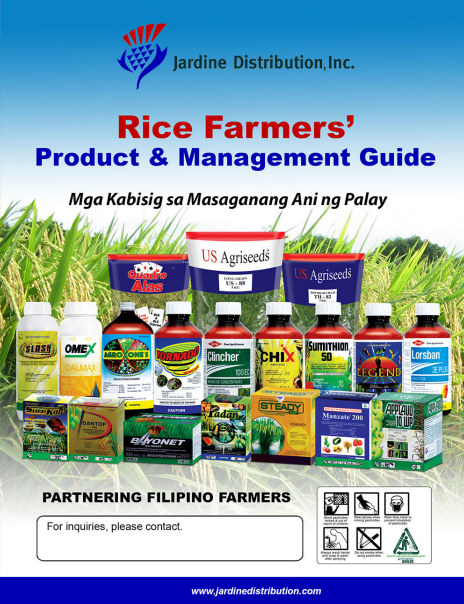Cover of a product and management guide for rice farmers, featuring agricultural products and the Jardine Distribution Inc. logo.