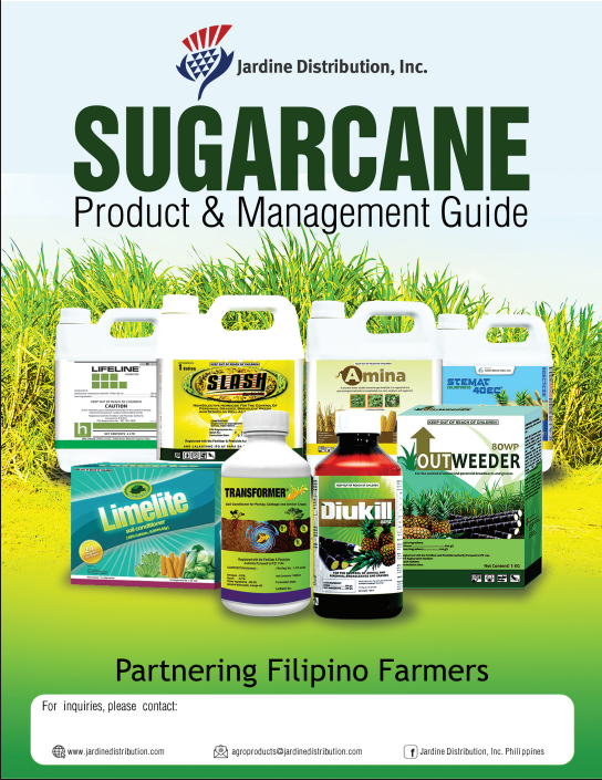 Sugarcane product guide. Features various agricultural chemical containers. Green grass background.