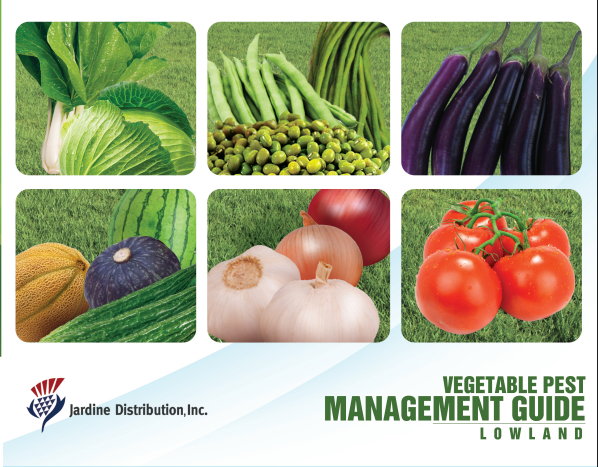 Vegetable Pest Management Guide, with six vegetable photos: cabbage, beans, eggplant, melon, onion, and tomatoes.