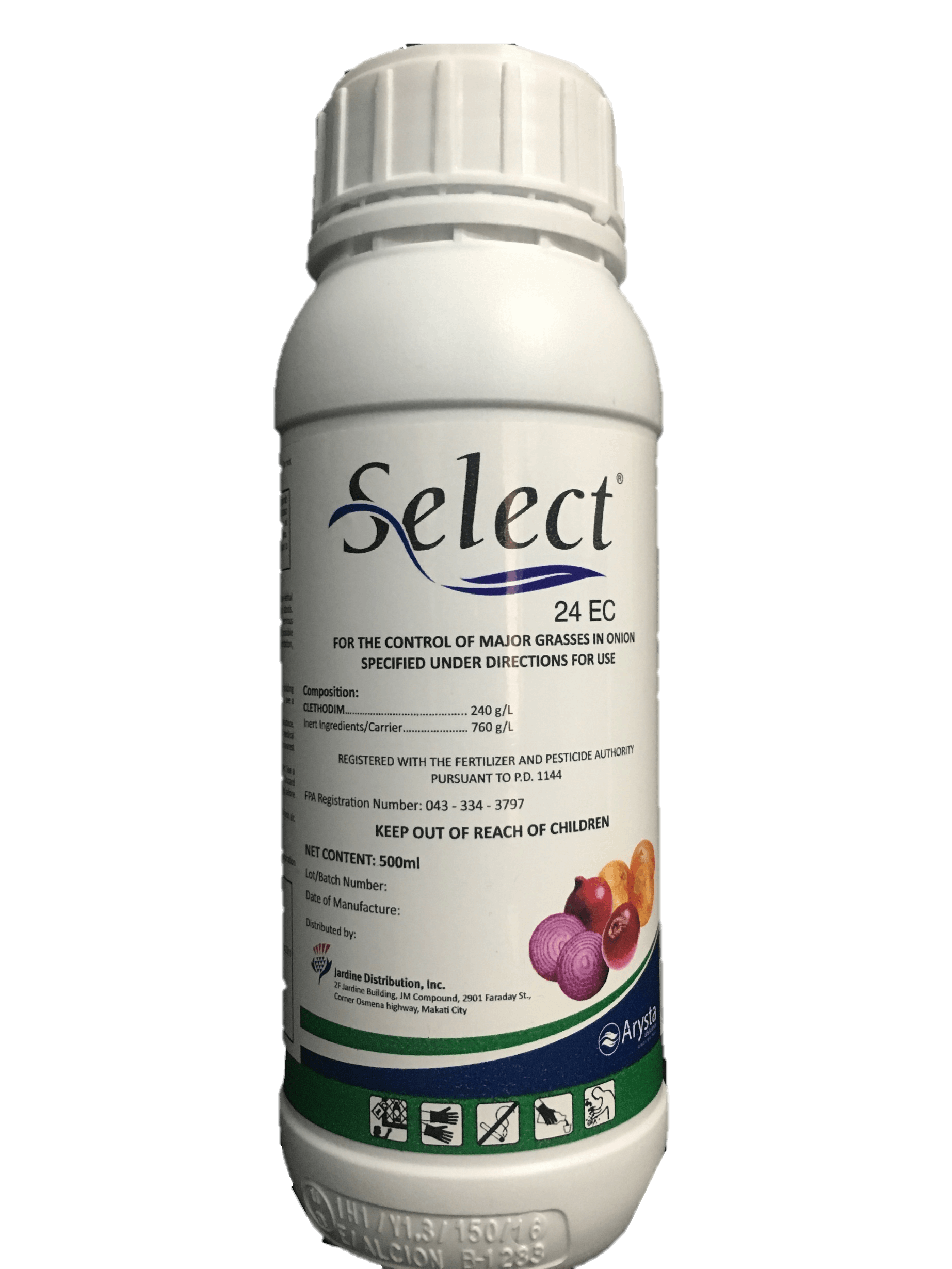 White bottle of Select 24 EC herbicide with text label and fruit illustrations.