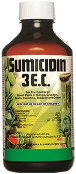 Bottle of Sumicidin 3E.C. pesticide for controlling insect pests on various crops, in a dark container with white cap.