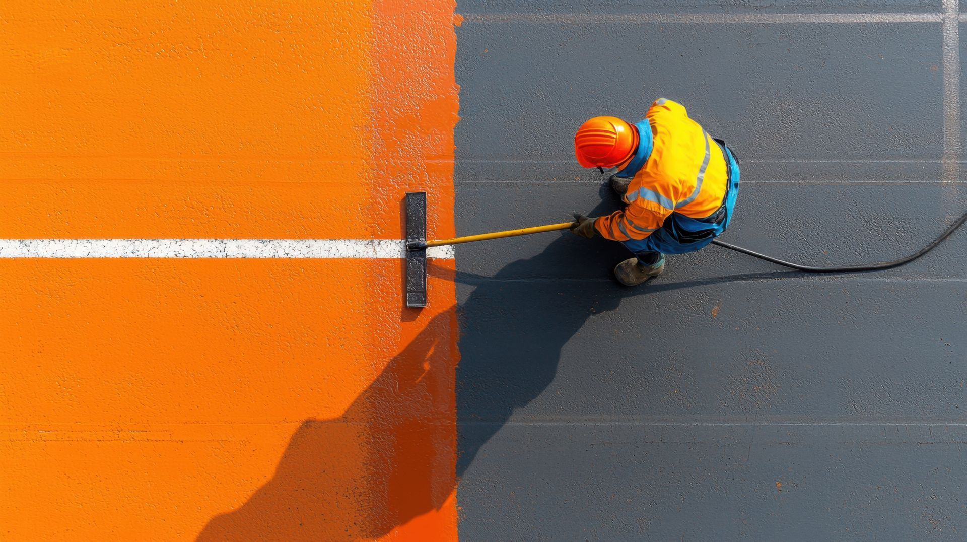 Worker in orange safety gear painting a surface orange with a long-handled applicator, next to a white line, with a grey surface.