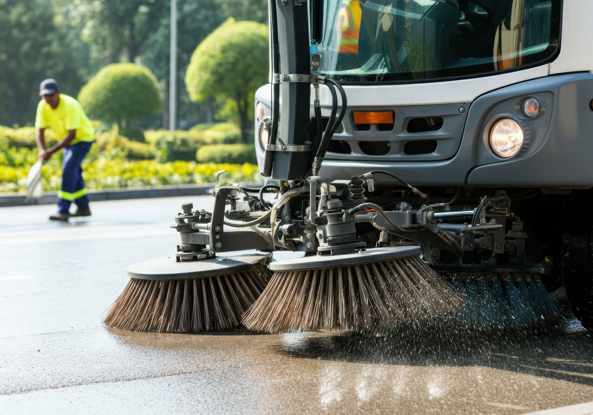 Street sweeper brushes cleaning a wet road, worker sweeping in background.