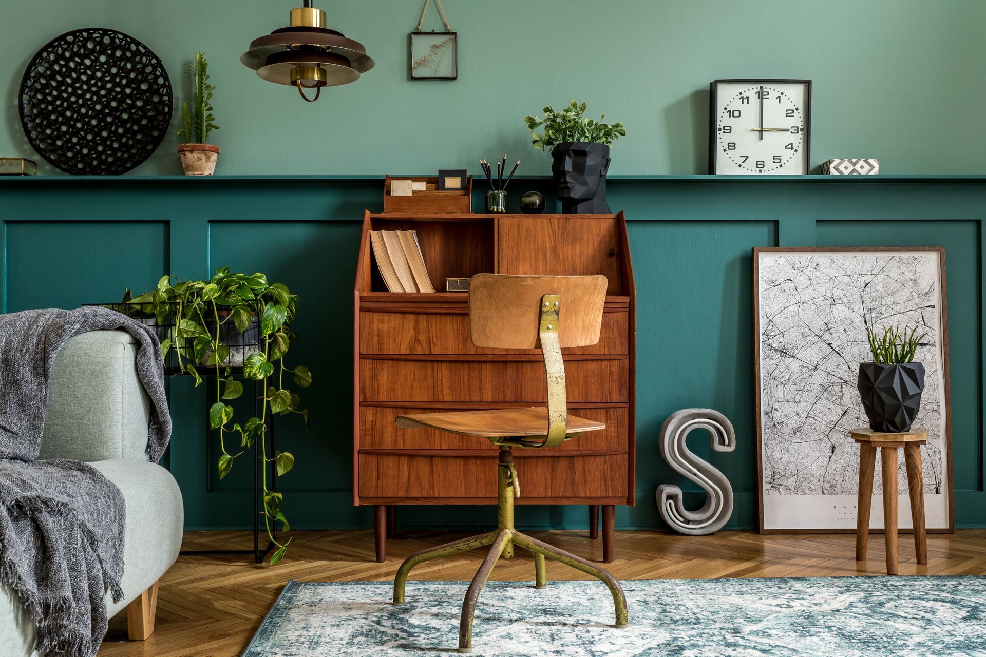 wooden cabinet next to plant