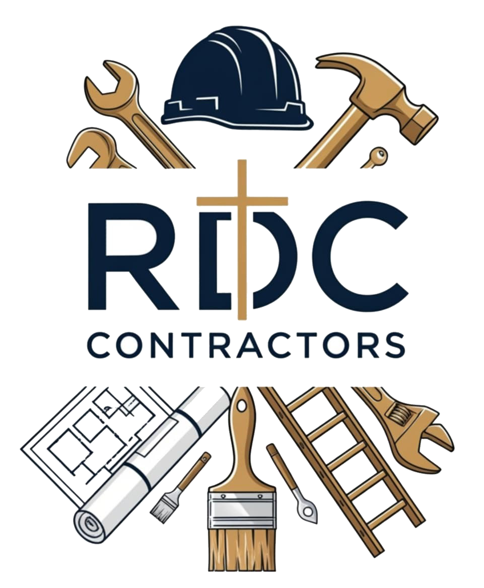 Logo for RDC Contractors: tools surround the name, with a cross in the center.