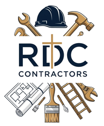 Logo for RDC Contractors: tools surround the name, with a cross in the center.