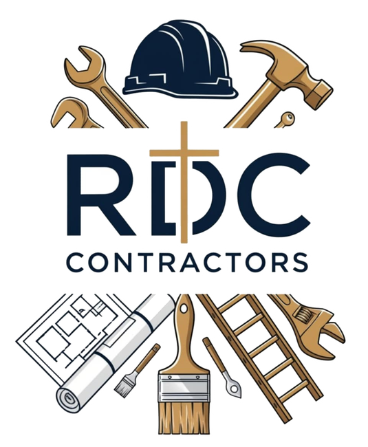 Logo for RDC Contractors: tools surround the name, with a cross in the center.