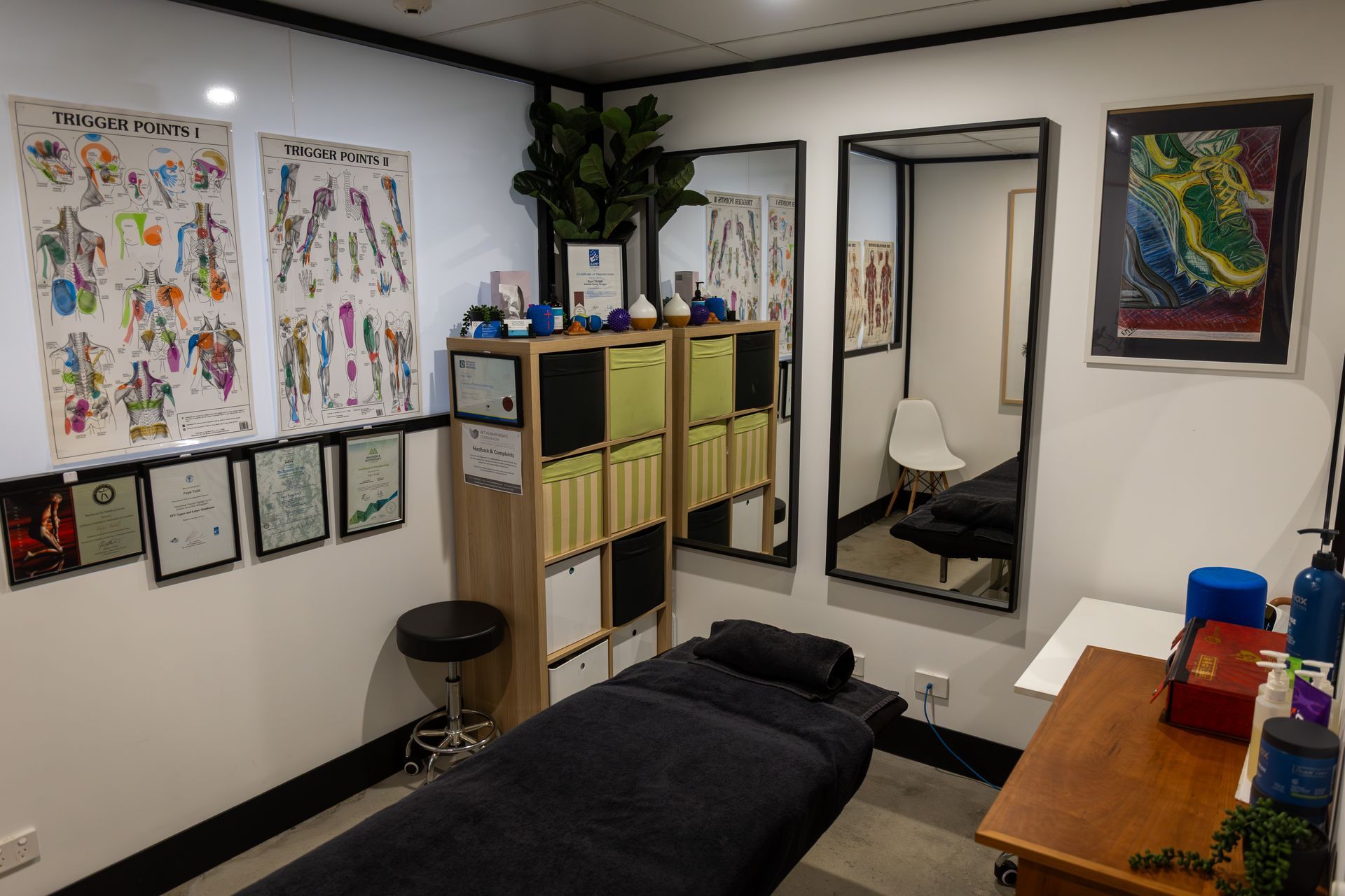Massage therapy room with a massage table, storage, mirrors, anatomy posters, and art.