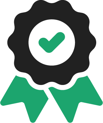 Black and green award badge with checkmark symbol, indicating approval.