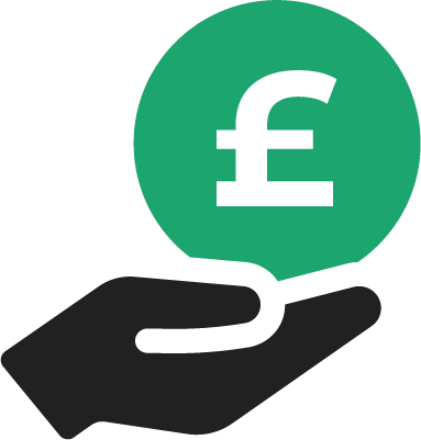 Hand holding a green coin with a white pound symbol.