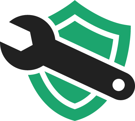 Black wrench over green shield.