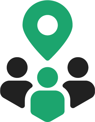 Green location pin over three people, one green, two black, suggesting a gathering at a location.