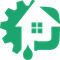 Green logo: gear, house silhouette with window, plumbing pipe, water drop.