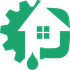 Green logo: gear, house silhouette with window, plumbing pipe, water drop.