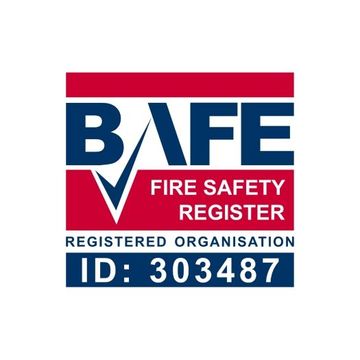 BAFE Fire Safety Register logo, red and blue, with a check mark. Registered organization ID: 303487.