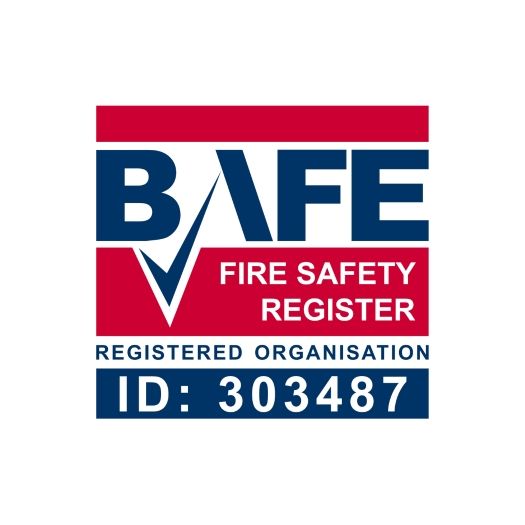 BAFE Fire Safety Register logo, red and blue, with a check mark. Registered organization ID: 303487.