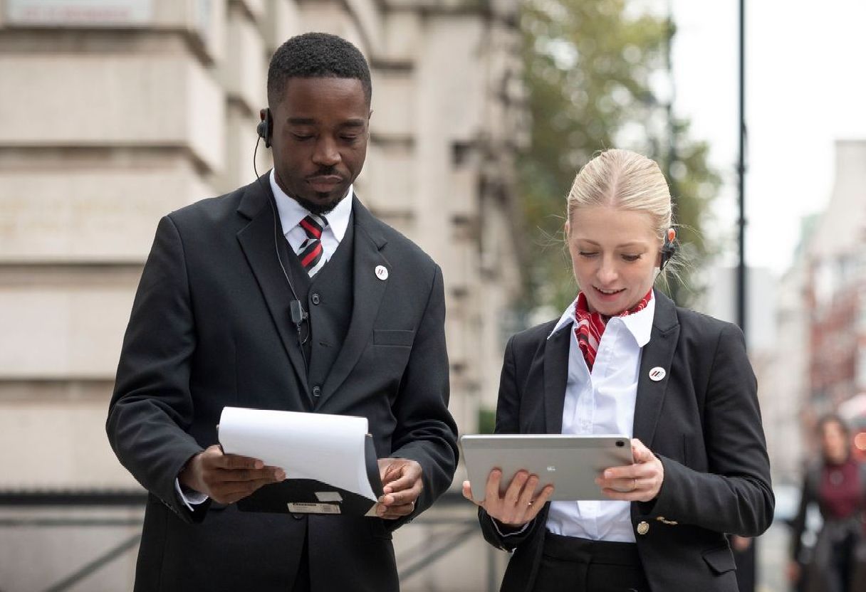 A man and a woman are looking at a tablet.