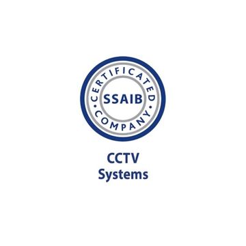 SSAIB certified CCTV Systems logo, blue and white, circular design.