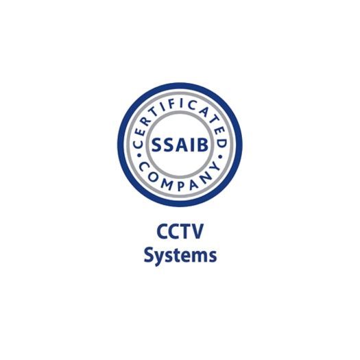 SSAIB certified CCTV Systems logo, blue and white, circular design.