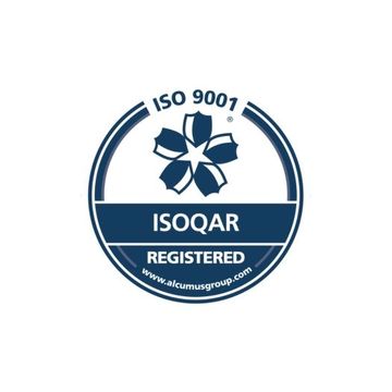 ISO 9001 certified logo with a blue circle, flower design, and "ISOQAR REGISTERED."