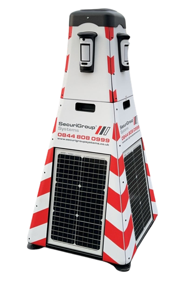 A red and white tower with a solar panel on it