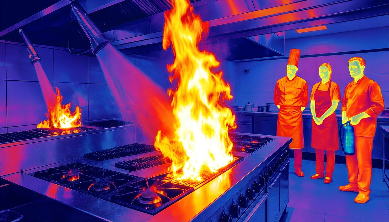 Thermal image of a kitchen fire. Flames erupt from stoves while chefs stand nearby, observing.