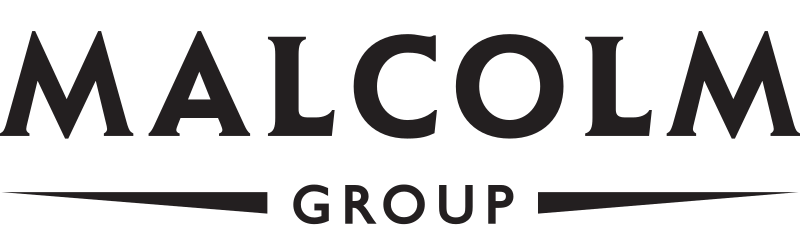 A black and white logo for malcolm group on a white background.
