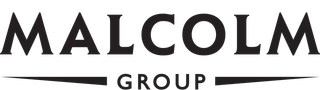 A black and white logo for malcolm group on a white background.
