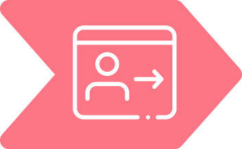 Pink arrow shape with a person icon inside a window and an arrow pointing right.