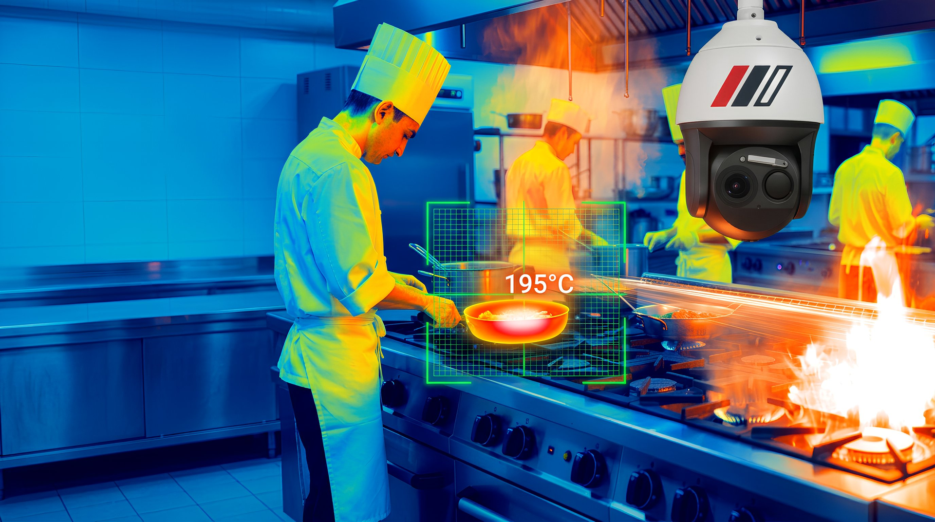 Thermal camera monitoring a kitchen. Chef cooking, stove flames, and heat detection display.