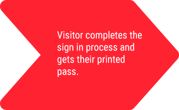 Red arrow with text: Visitor completes the sign in process and gets their printed pass.