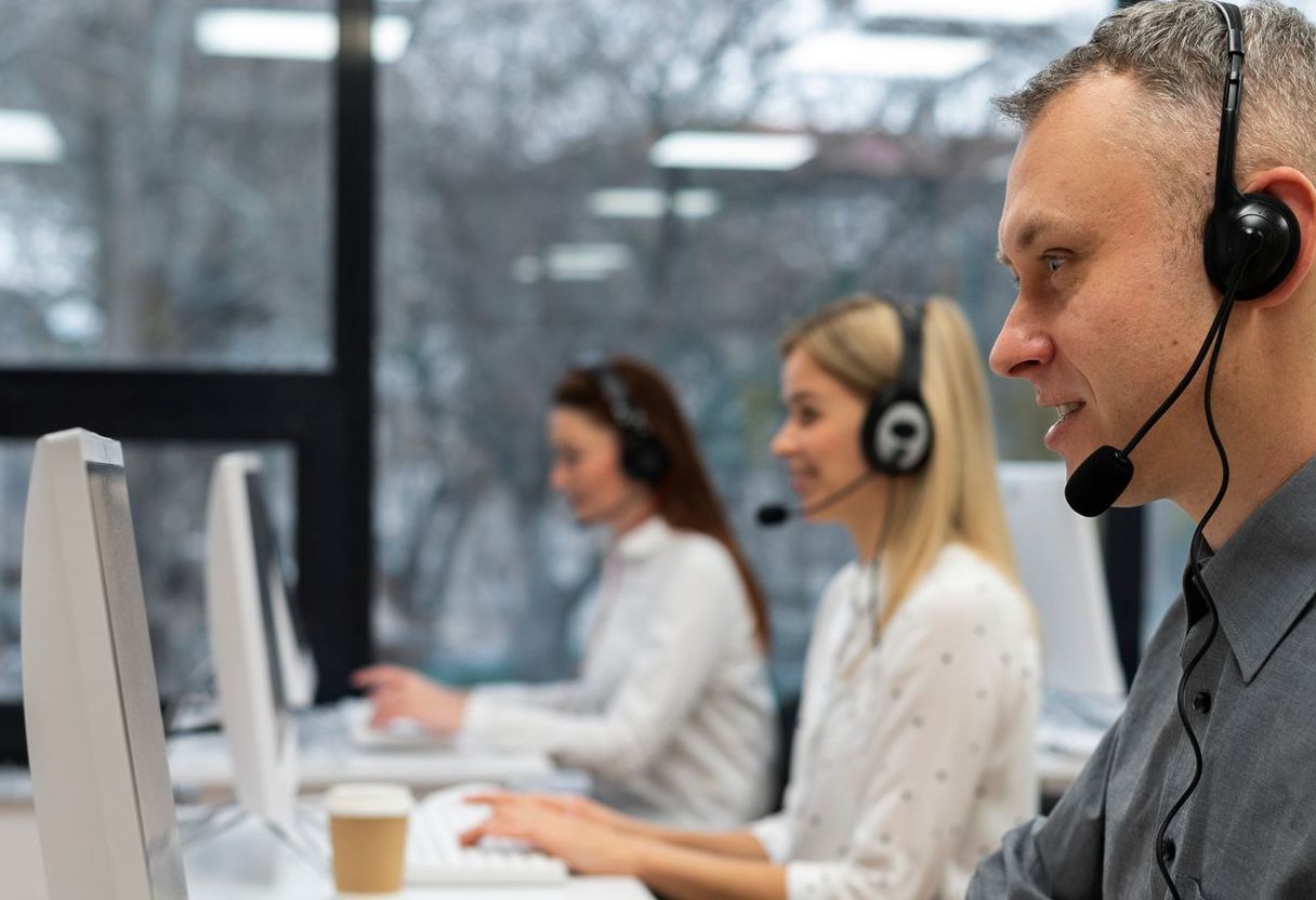 A man wearing a headset is sitting in front of a computer.