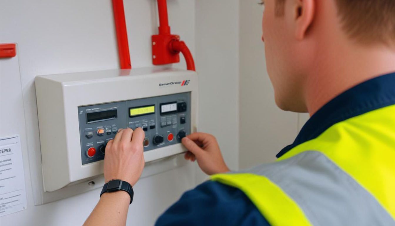 Person adjusting controls on a white panel, red pipes above. Yellow safety vest visible.