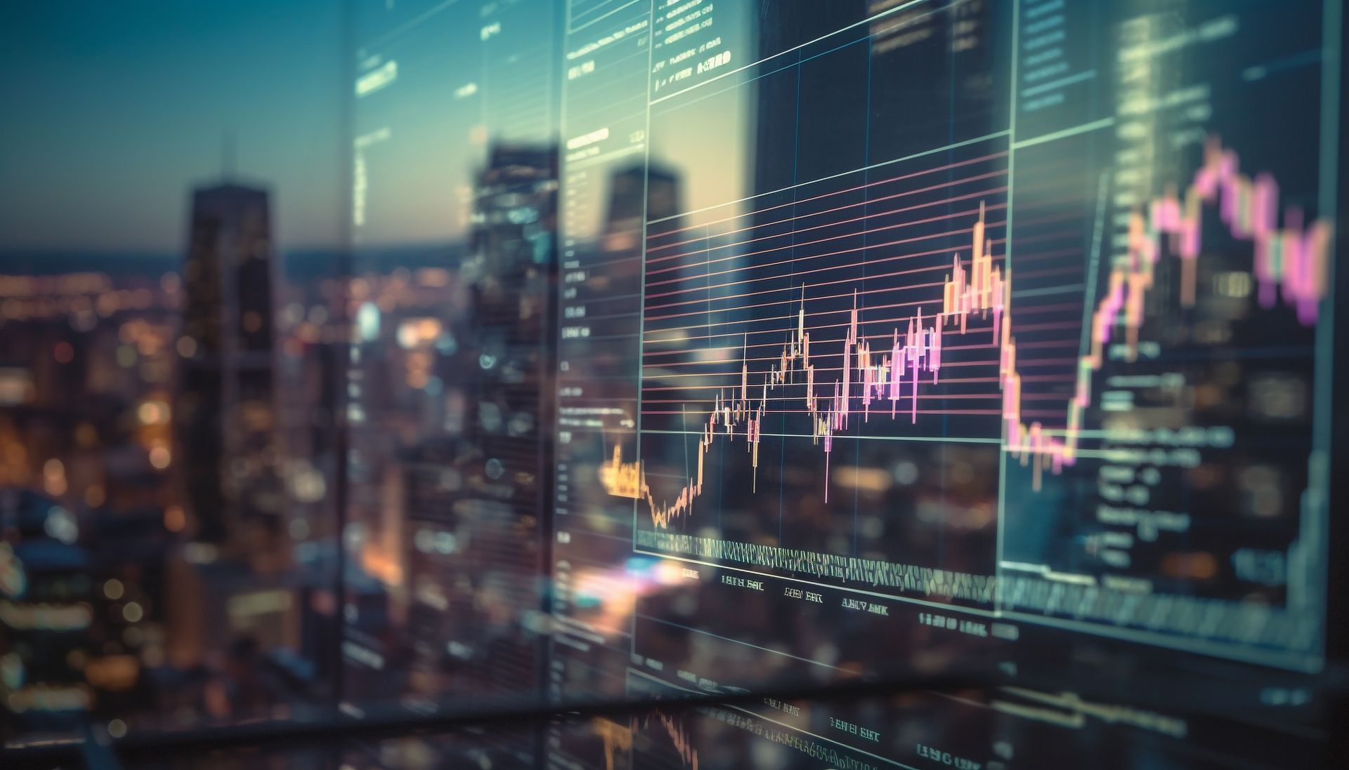 A computer screen with a city skyline in the background and a graph on it.