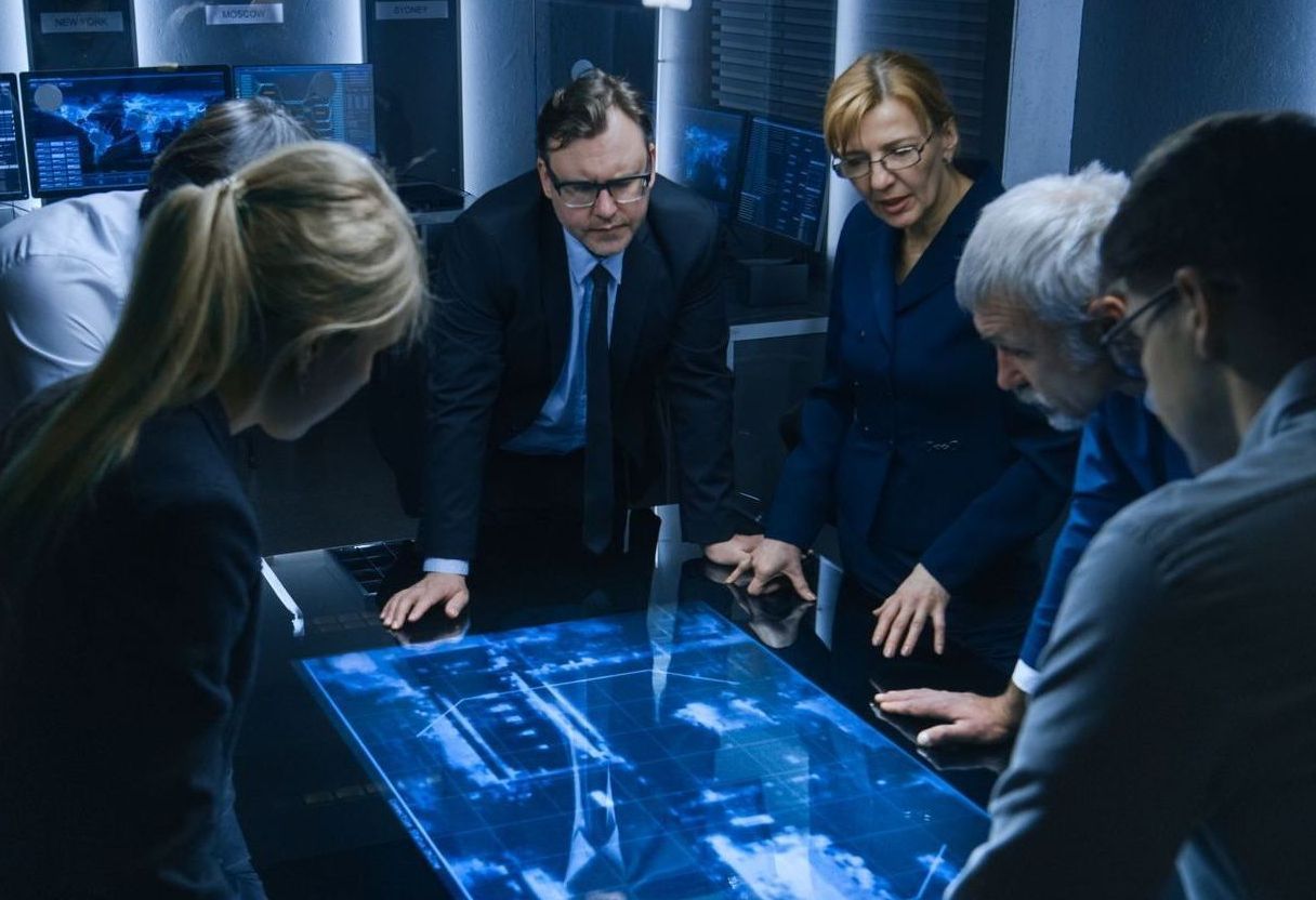 A group of people are sitting around a table looking at a computer screen.