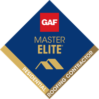 GAF Certified Plus Residential Roofing Contractor badge with blue and red text on a gray diamond