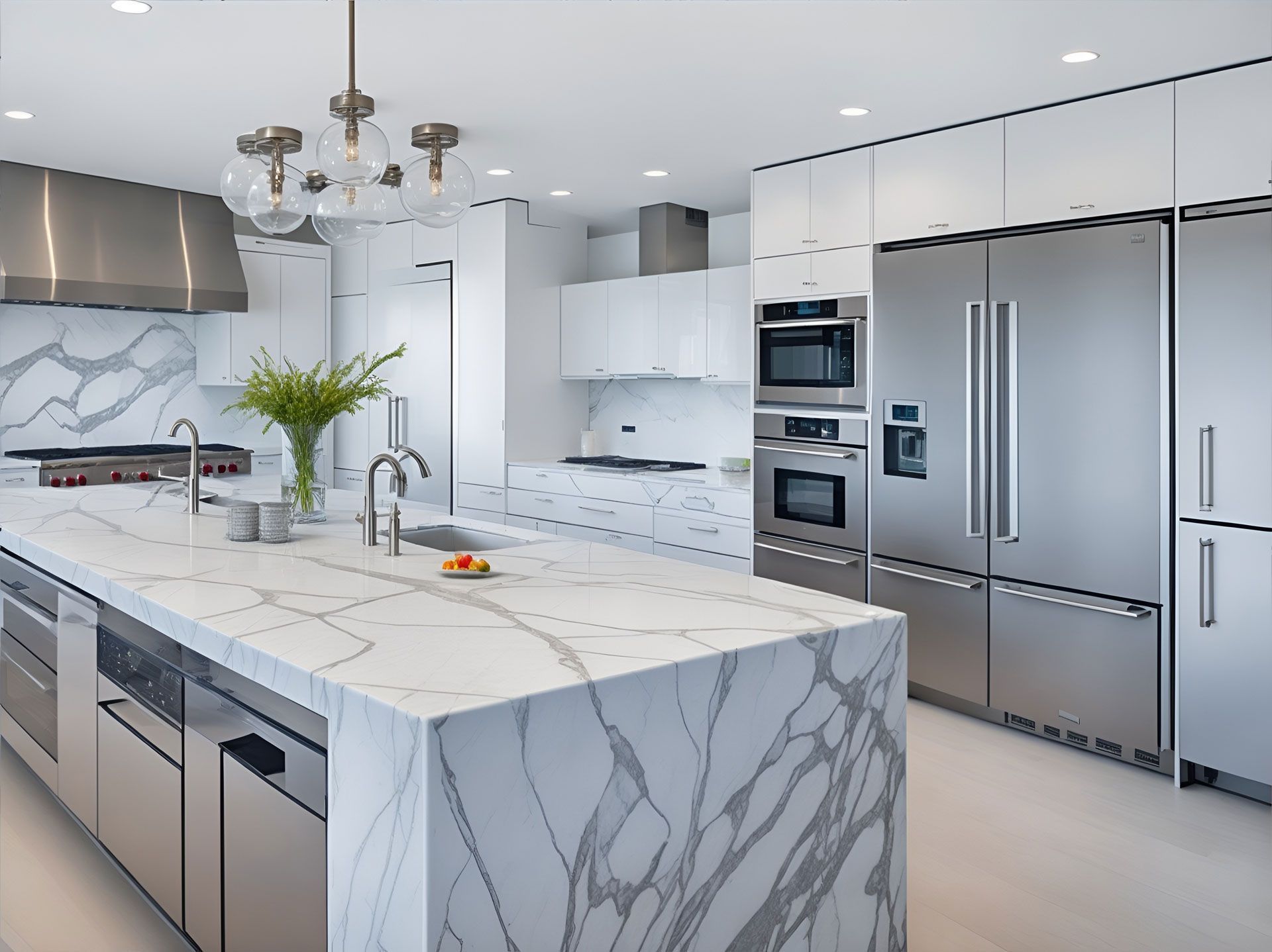 Modern white kitchen with marble island, stainless steel appliances, and pendant lights