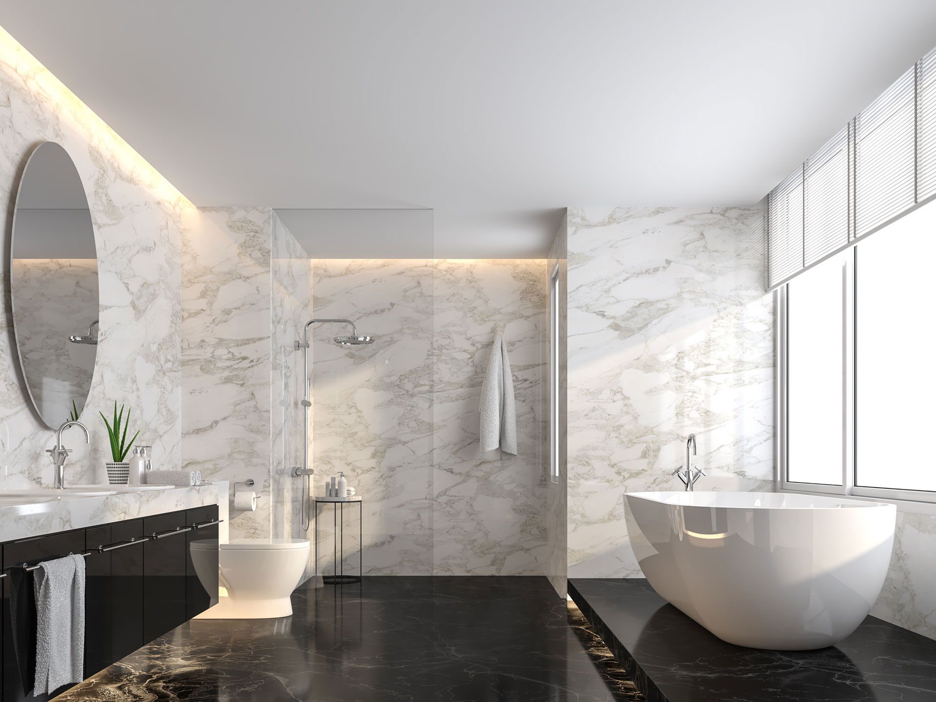 Modern white marble bathroom with freestanding tub, glass shower, vanity, and large window