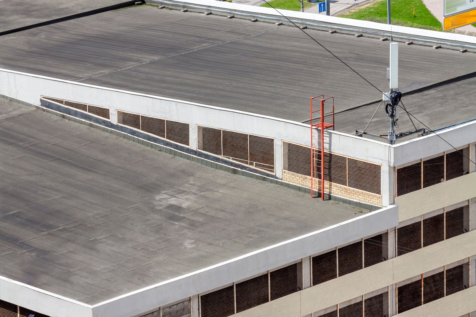 Rooftop with white trim, vented wall panels, and a red ladder near a utility pole.