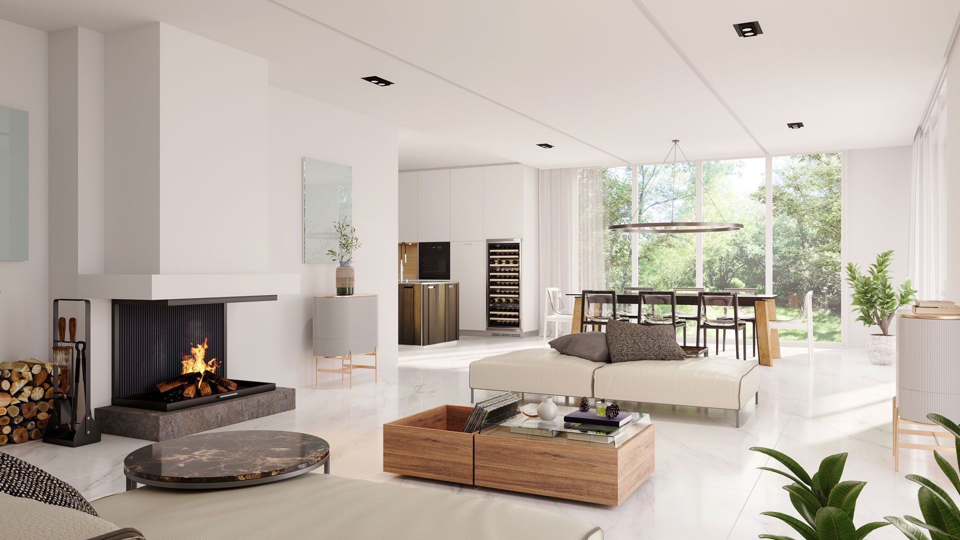 Modern open-plan living room with fireplace, white walls, and large windows overlooking greenery