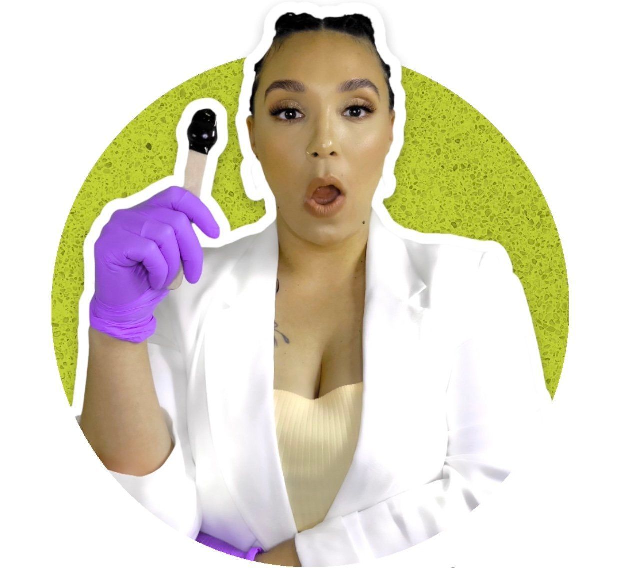 A woman wearing purple gloves is holding a stick