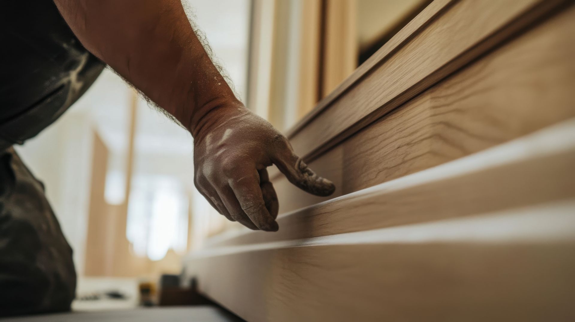 A man is touching a wooden cabinet with his hand.