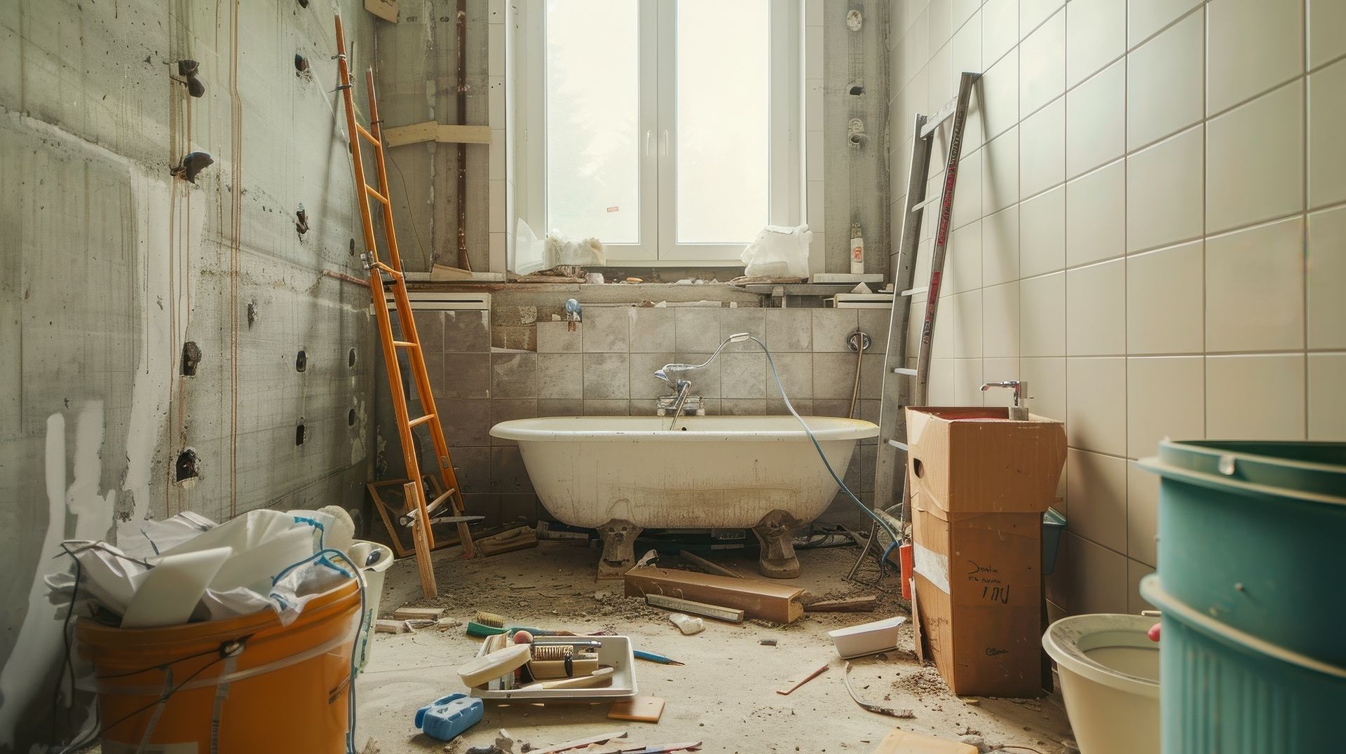 A bathroom under construction with a bathtub and a ladder.