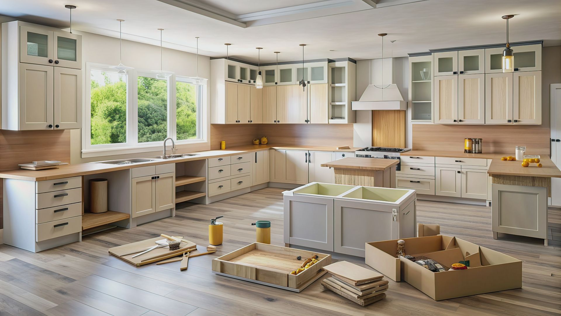 A kitchen under construction with white cabinets and wooden floors.