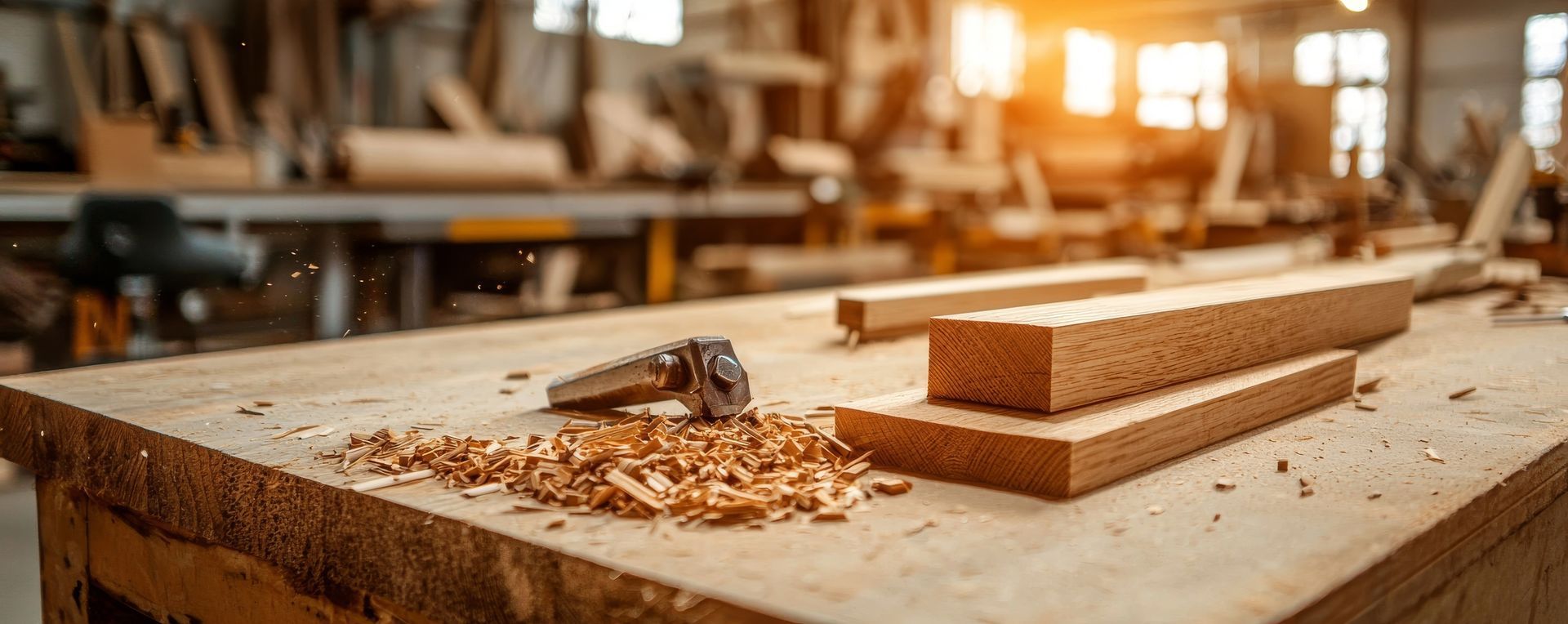 A wooden workbench with a hammer and a piece of wood on it.